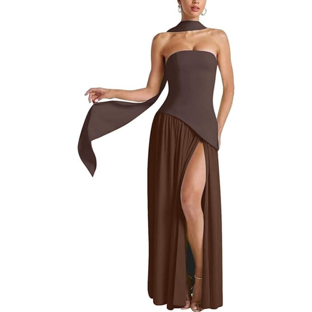 Women Strapless Maxi Dress Polyster High Slit Bridesmaid Prom Wedding